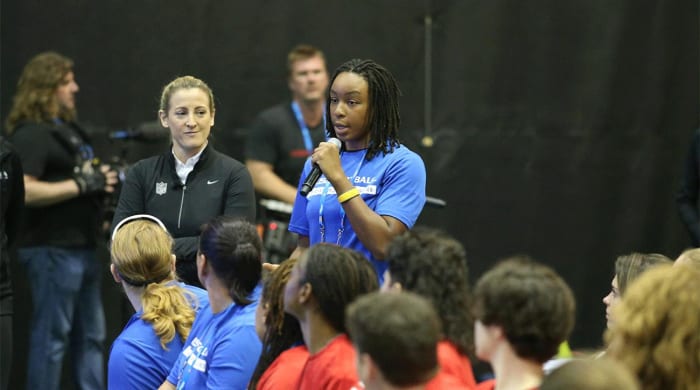 Stephanie Jackson speaks at the NFL Women’s Careers in Football Forum in Orlando.
